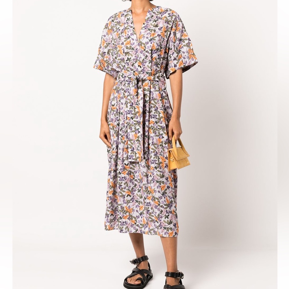 VINCE Wisteria Vine Cuffed Short Sleeve V-Neck Dress